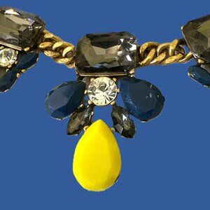 J Crew Blue, Rhinestone Yellow Necklace with Brass Chain & Lobster Clasp Vintage